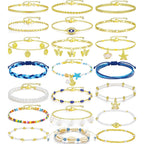 17KM 21PCS Gold Ankle Bracelets for Women, Boho Shell Bead Cuban Link Chain Waterproof Gold Anklets Set, Adjustable Layered Anklets for Women Beach Jewelry Gift