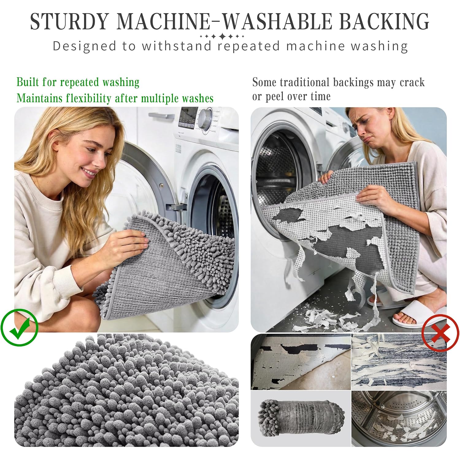 Yimobra Bathroom Rugs Non-Slip Washable – Extra Soft & Absorbent Chenille Bath Mat, Quick-Dry Plush Shaggy Floor & Vanity Bath Rugs For Tub & Shower, Modern Home Decor Accessories, 24 X 17, Grey