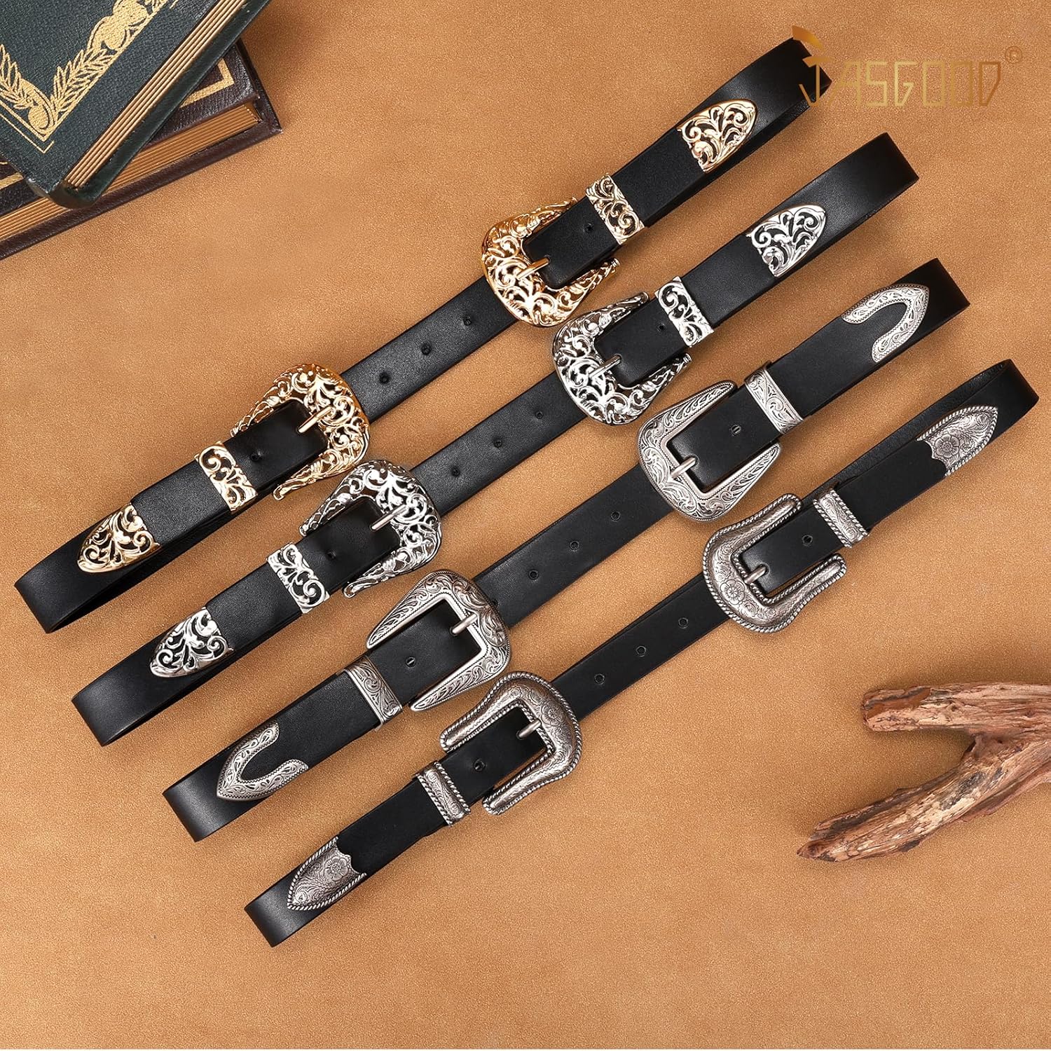 JASGOOD Double Buckle Western Belts for Woman Cowgirl Country Belt Vintage Black Leather Belt for Jeans Pants Dresses