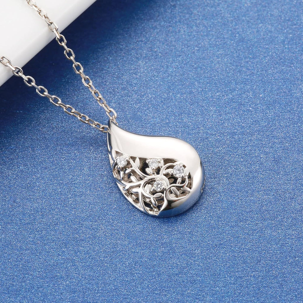 925 Sterling Silver Tree of Life Teardrop Urn Necklace for Ashes Family Tree Keepsake Cremation Pendant Memorial Jewelry for Women