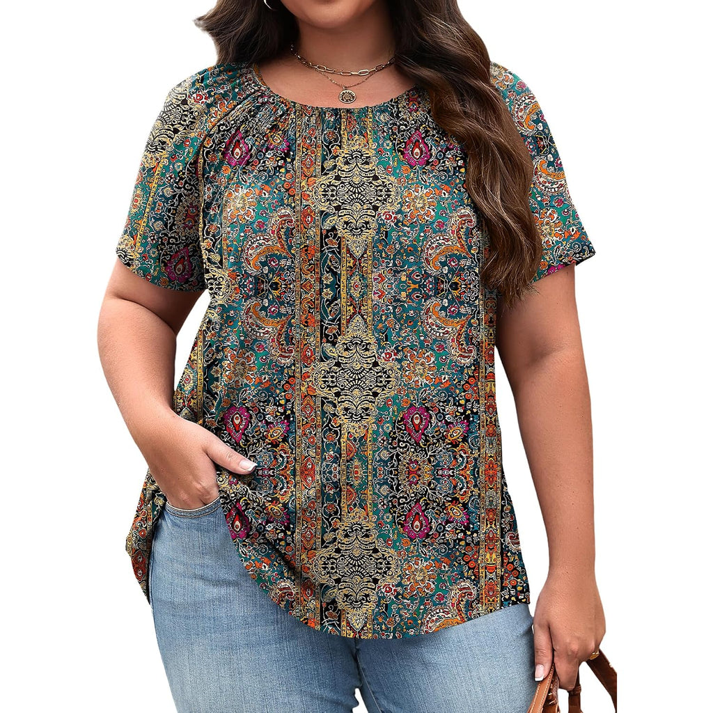 Womens Plus Size Tops Short Sleeve Shirts Crewneck Pleated Blouses Dressy Casual Fashion Tunic Top (1X-5X)