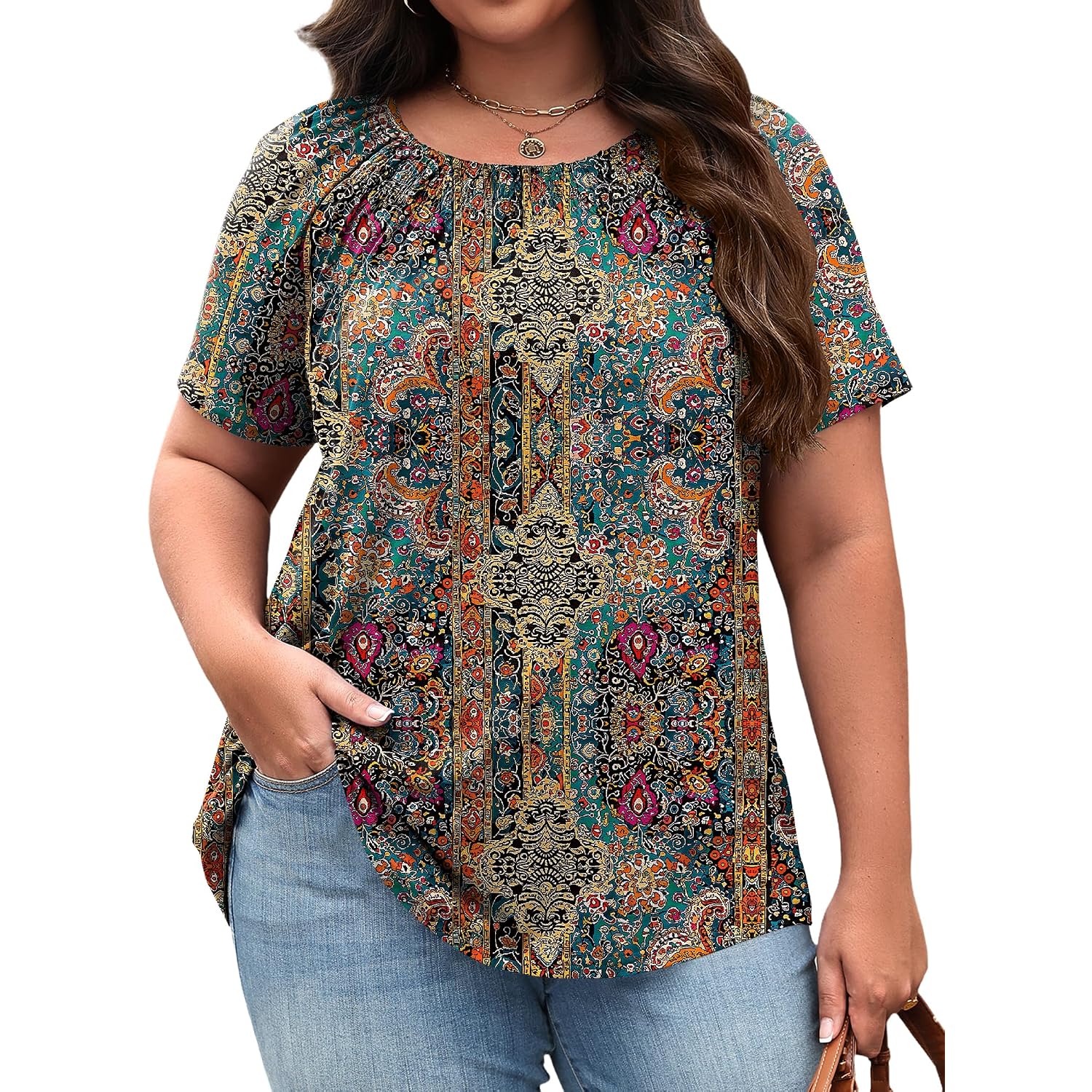 Womens Plus Size Tops Short Sleeve Shirts Crewneck Pleated Blouses Dressy Casual Fashion Tunic Top (1X-5X)