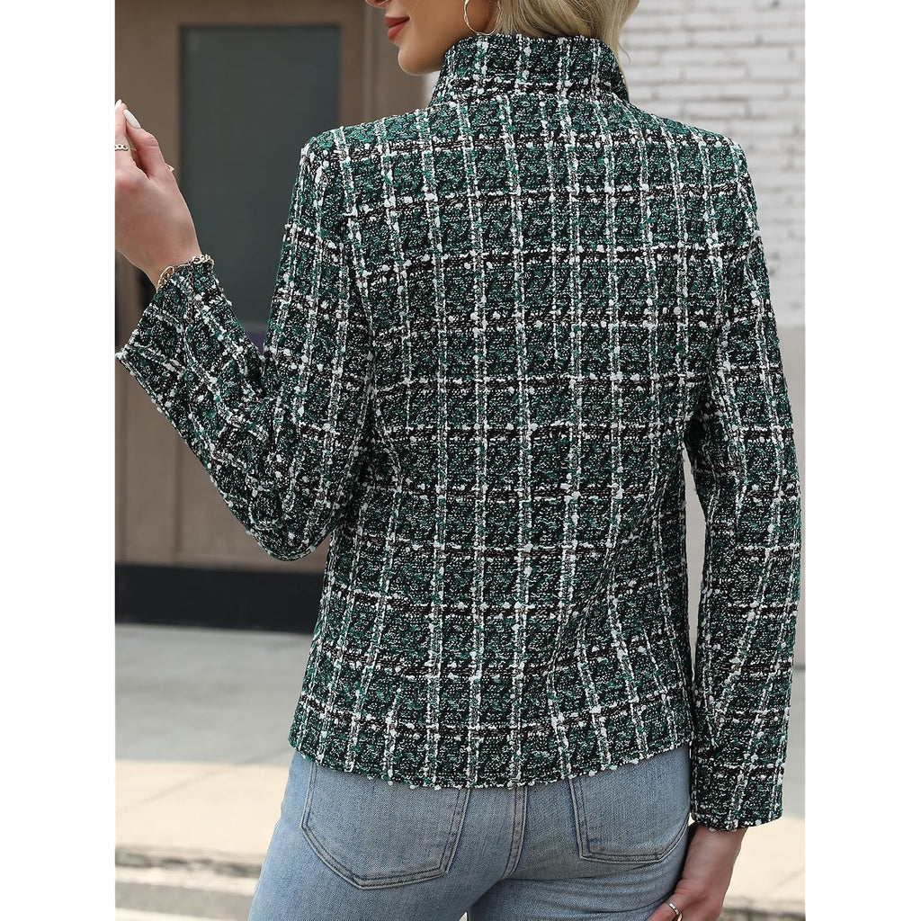 Elleven Womens' Tweed Open Front Blazer Long Sleeve Jacket Notch Collar Fully Lined Casual Business Work Office Coat