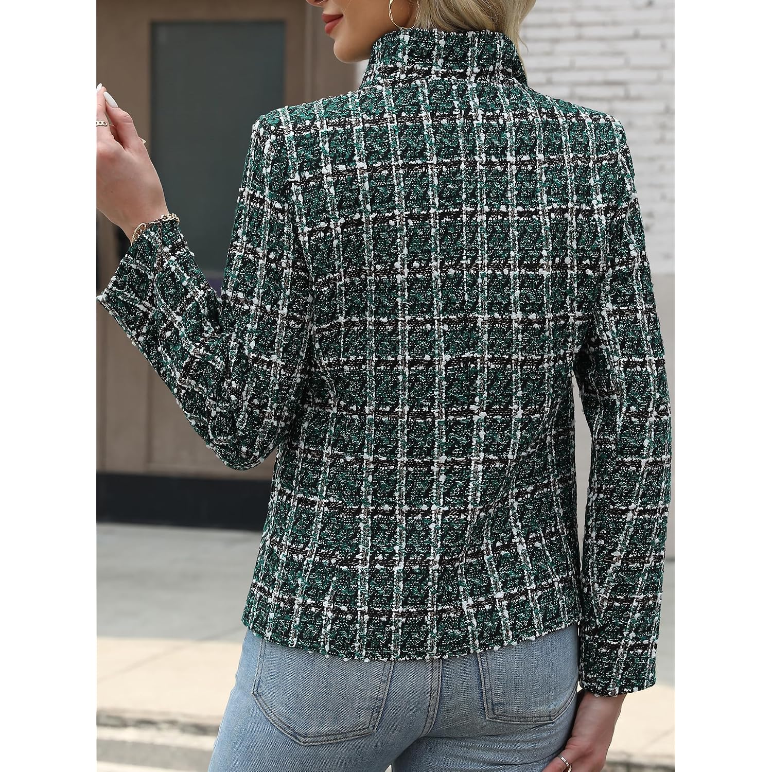 Elleven Womens' Tweed Open Front Blazer Long Sleeve Jacket Notch Collar Fully Lined Casual Business Work Office Coat