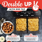 Gourmia Dual Basket Air Fryer - 10 Qt Large Capacity, Fryforce360º, Digital Display With 7 Presets, Roast, Bake, Broil, Dehydrate, Match Cook, Sync Finish, Dishwasher Safe Accessories, Black