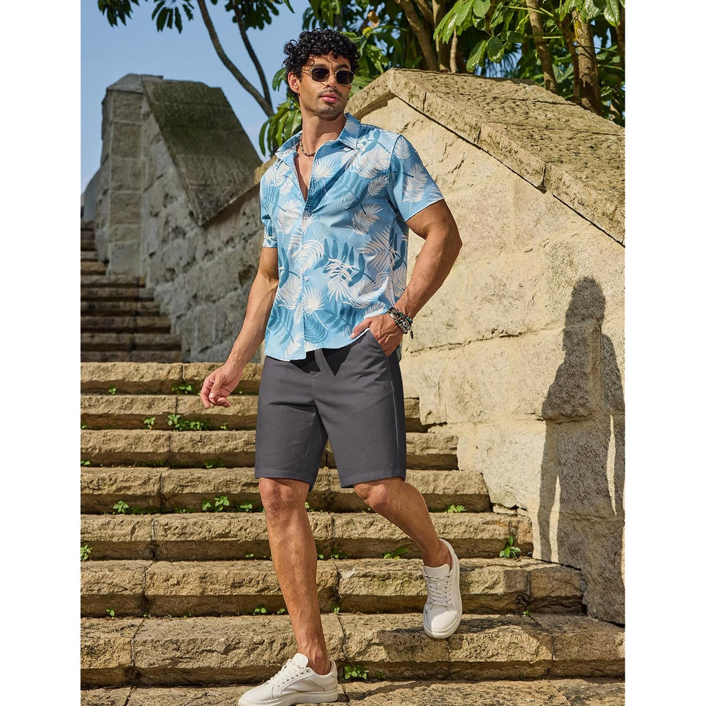Coofandy Mens Casual Shorts 9" Flat Front Elastic Waist Linen Dress Shorts Lightweight Summer Outfits With Pockets