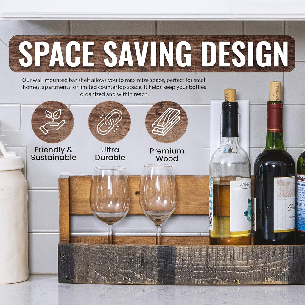 Liquor Bottle Display Shelf – Wall Bar Shelf For Whiskey, Wine & Bourbon | Rustic Wall-Mounted Wooden Whiskey Barrel Shelves, Countertop Rack, Stylish Space-Saving Small Liquor Cabinet For Enthusiasts