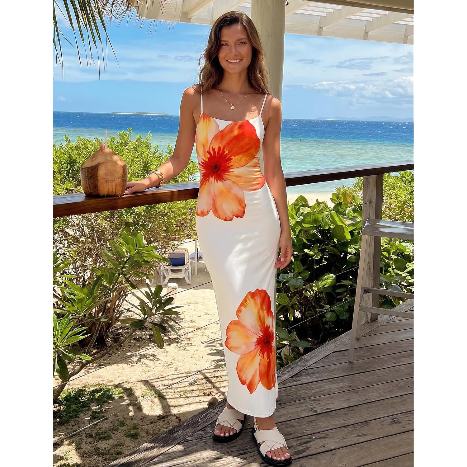 Zesica Women'S Summer Bodycon Maxi Dresses 2026 Sexy Floral Spaghetti Strap Sleeveless Boho Beach Vacaton Long Dresses