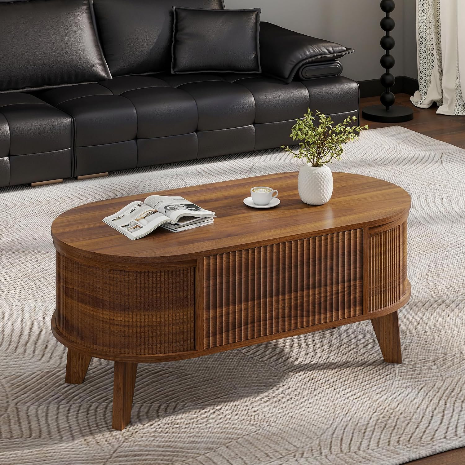 Lyncohome Fluted Lift Top Coffee Table With Storage,Modern Oval Coffee Table For Living Room Or Home Office（Walnut）