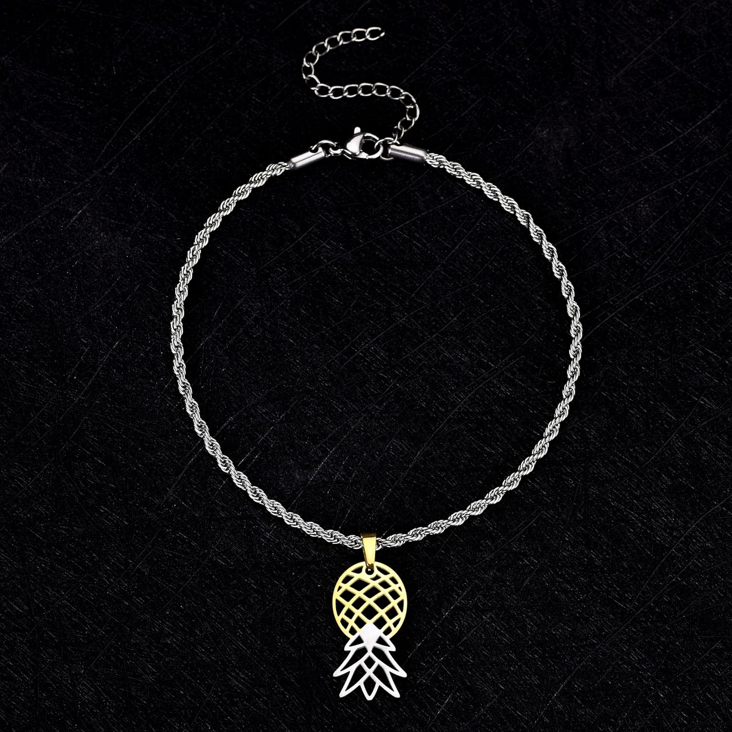 Upside Down Pineapple Anklet - Gold, Silver, or Combo Colored Stainless Steel Upside Down Pineapple Pendant Ankle Bracelet with Rope Chain