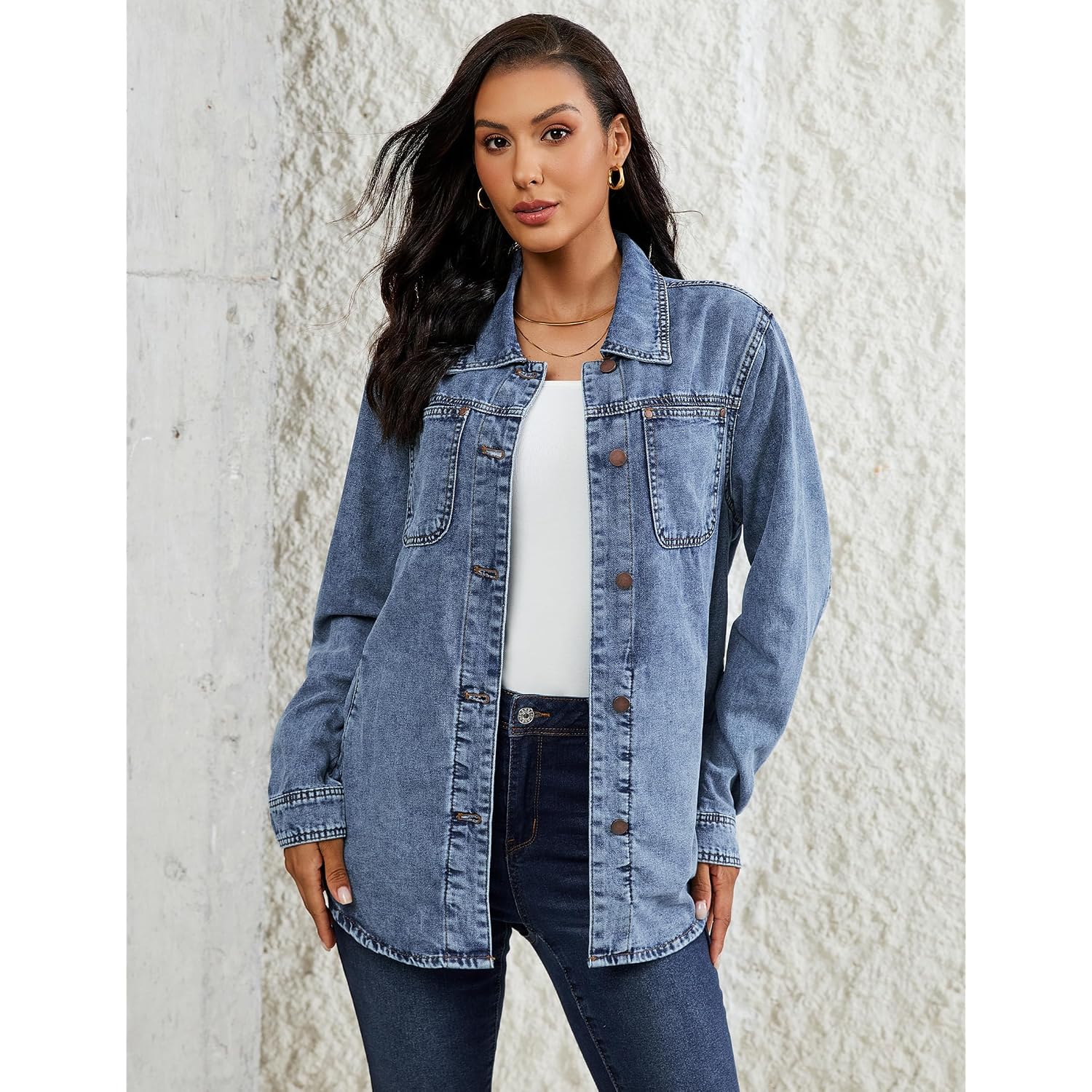 Luvamia Denim Jackets For Women Trendy Long Sleeve Button Down Shirt Jacket Jean Shacket With Pocket Western Work Jacket