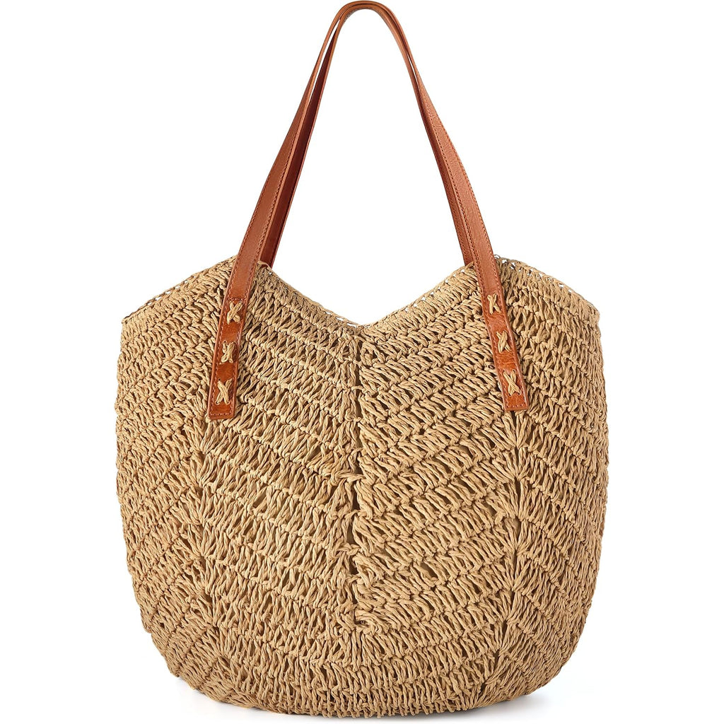 Beach Bags For Women - Straw Bag With Zipper, Soft Woven Beach Bag, Casual Straw Shoulder Bag For Daily Use