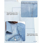 Women'S Jean Jacket Cropped Denim Jacket Stretchy 3/4 Puff Sleeve Distressed With Pockets