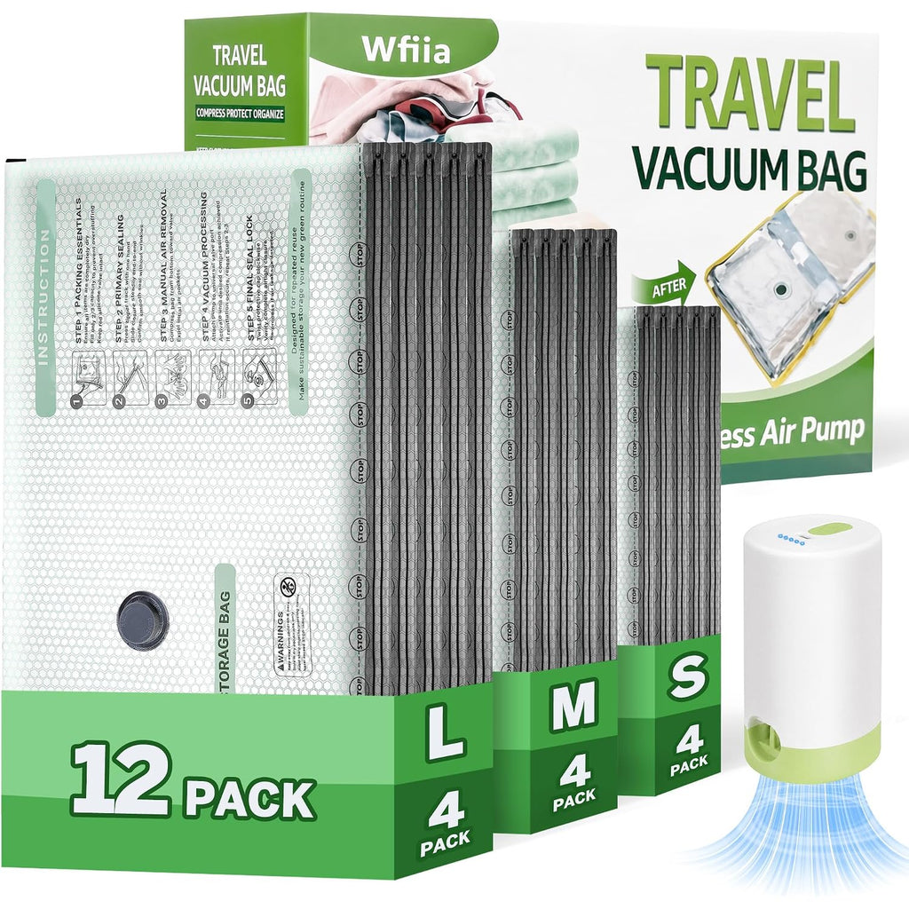 9+3 Packs Vacuum Bags For Travel With Rechargeable Air Pump, 3 Sizes Vacuum Seal Bags For Clothing, Space-Saving Compression Storage Bags For Travel & Closet Organization