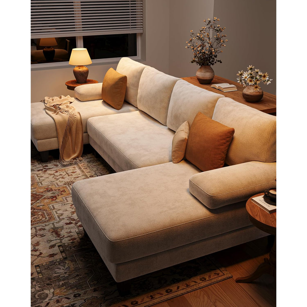 U-Shaped Sectional Couches For Living Room | 112 Inch Modern Sectional Couch | Warm White Chenille Sofa With Double Chaise For Apartment