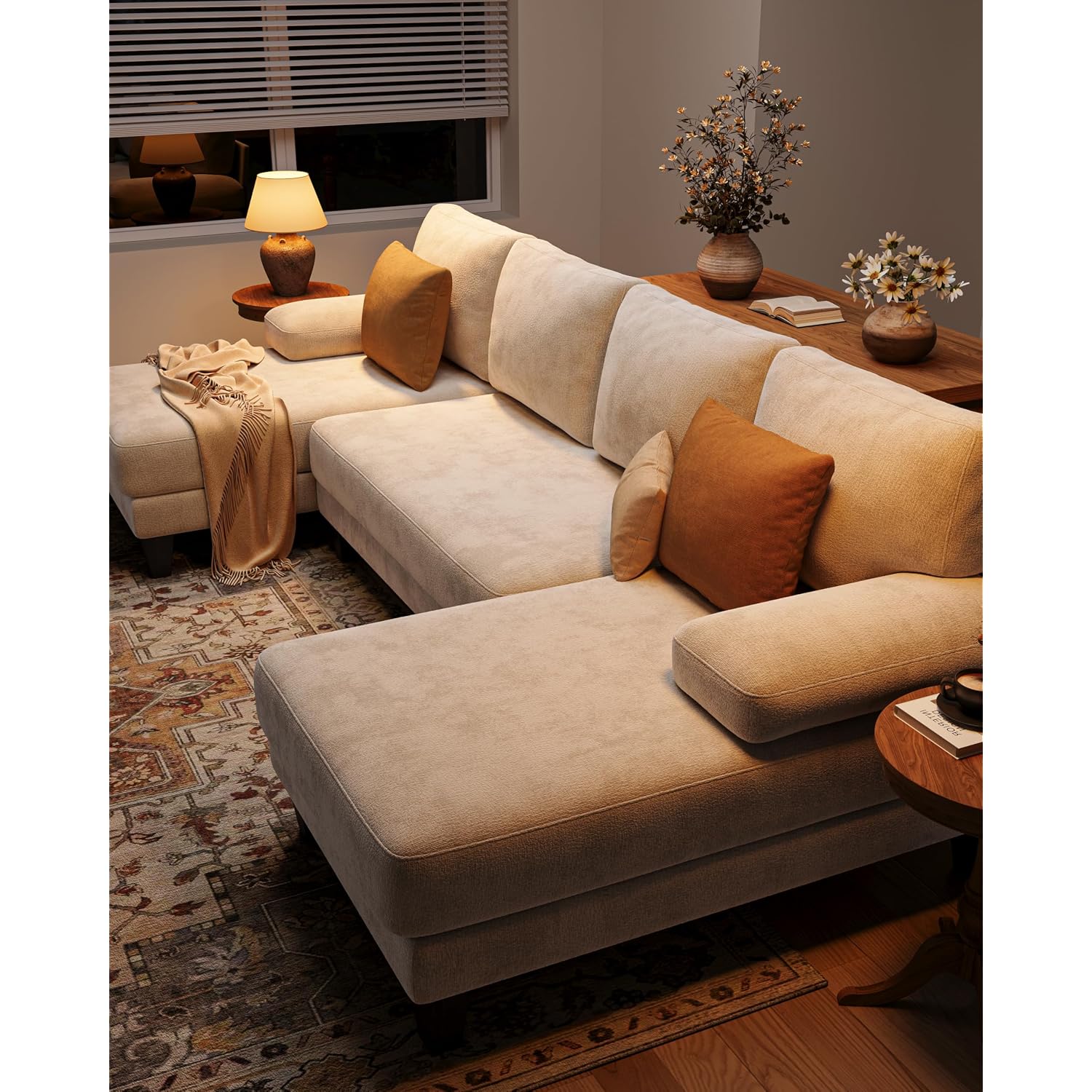 U-Shaped Sectional Couches For Living Room | 112 Inch Modern Sectional Couch | Warm White Chenille Sofa With Double Chaise For Apartment