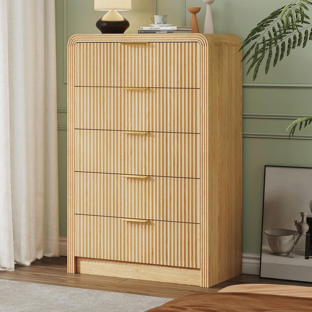 Decofy Fluted 5 Drawers Dresser, 48" Tall Modern Chest Of Drawers With Round Edge & Metal Handle, Wood Drawer Organizer For Living Room, Bedroom, Entryway, Hallway (Natural Oak)