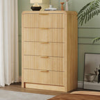 Decofy Fluted 5 Drawers Dresser, 48" Tall Modern Chest Of Drawers With Round Edge & Metal Handle, Wood Drawer Organizer For Living Room, Bedroom, Entryway, Hallway (Natural Oak)