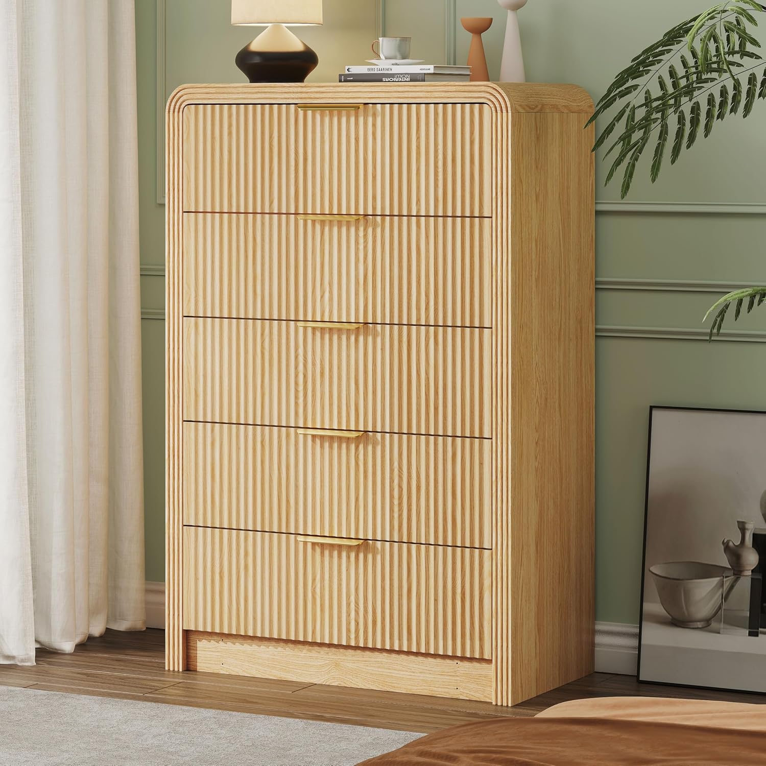 Decofy Fluted 5 Drawers Dresser, 48" Tall Modern Chest Of Drawers With Round Edge & Metal Handle, Wood Drawer Organizer For Living Room, Bedroom, Entryway, Hallway (Natural Oak)