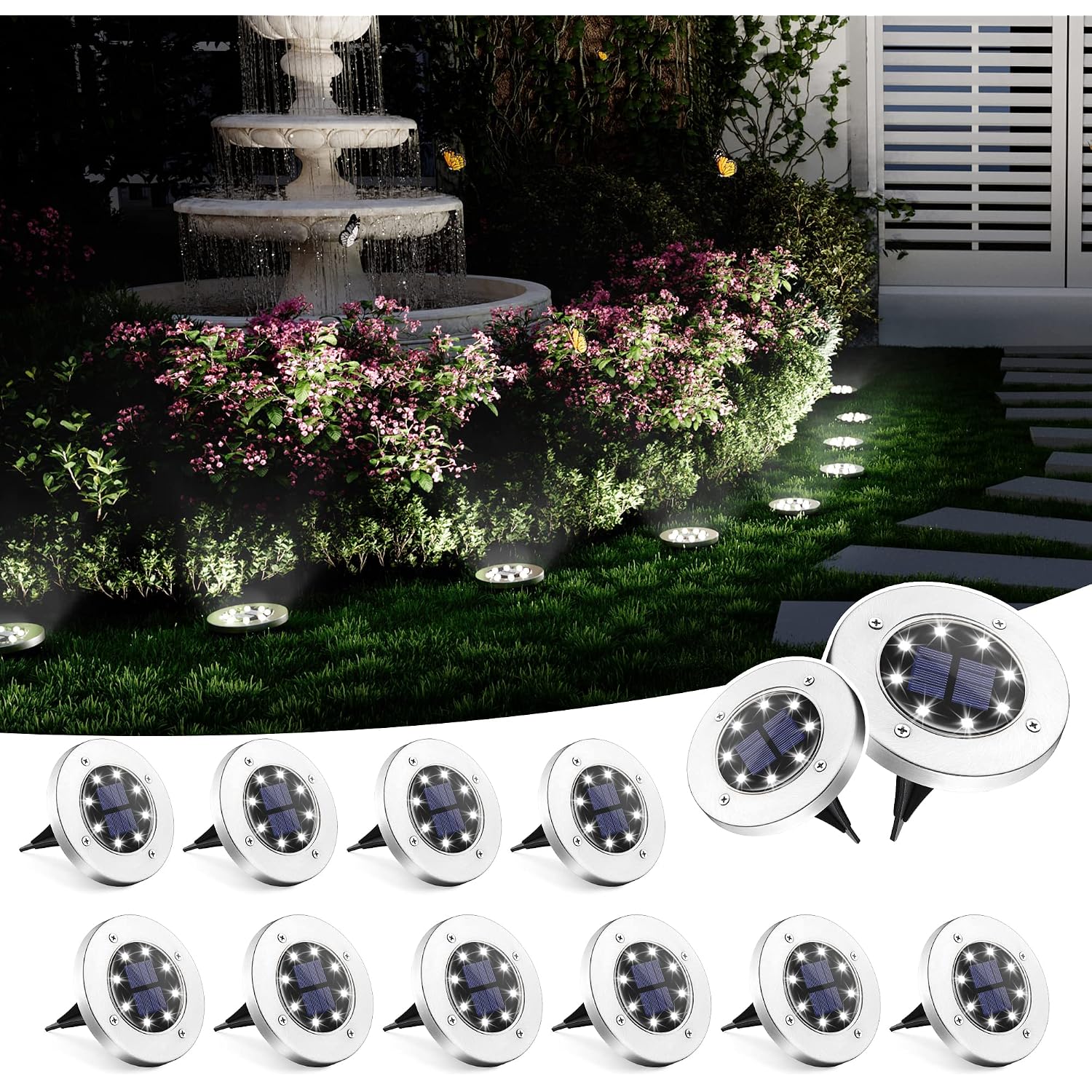 Solpex Solar Ground Lights, 12 Pack Solar Lights Outdoor Waterproof, 8 Led Solar Powered Landscape Lighting For Garden Yard Patio Pathway Driveway Walkway (Cool White)