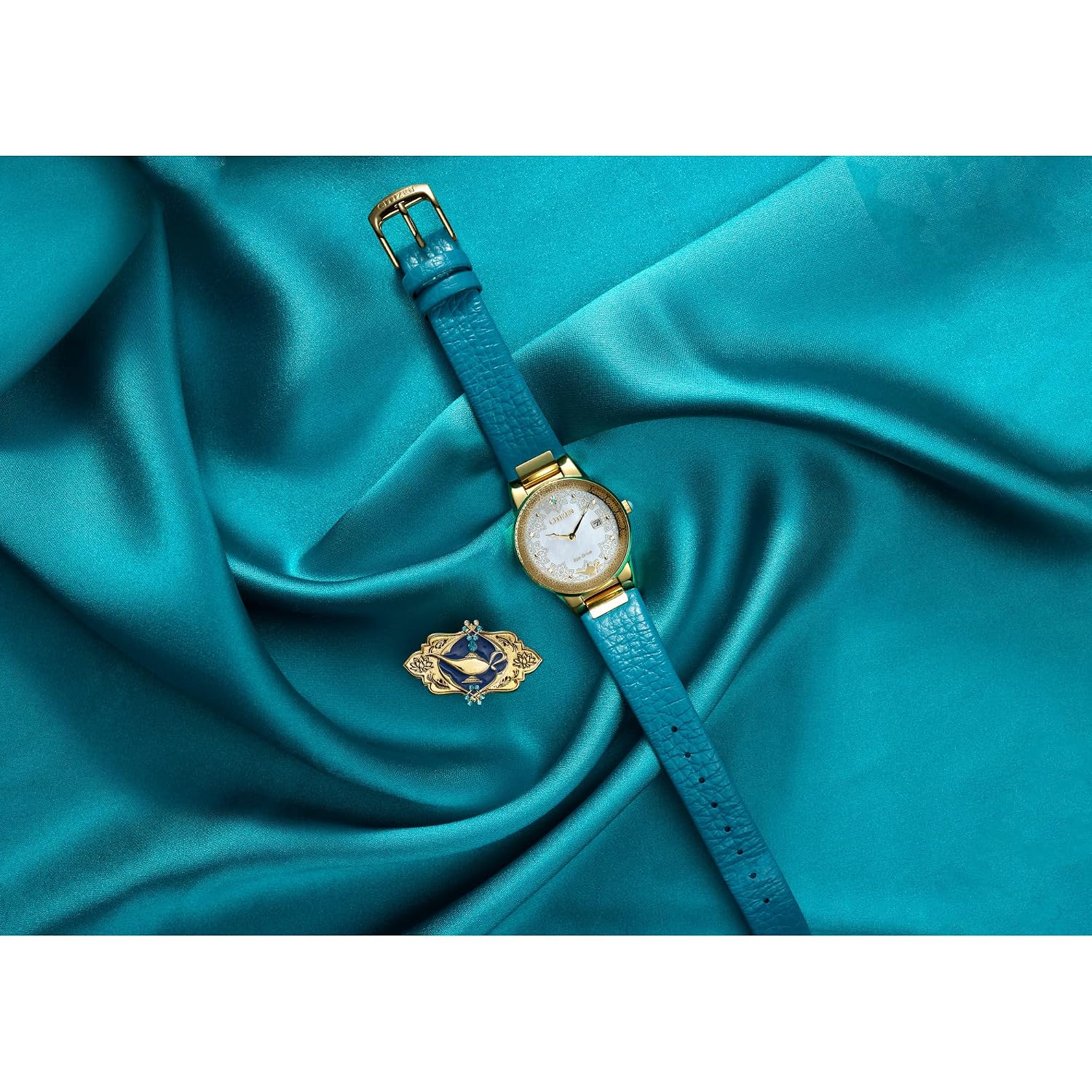 Citizen Eco-Drive Ladies' Disney Aladdin 30Th Anniversary, Princess Jasmine Teal Leather Strap Watch And Pin Gift Set, Mother-Of-Pearl Dial, Crystals, 30Mm (Model: Ga1072-07D)