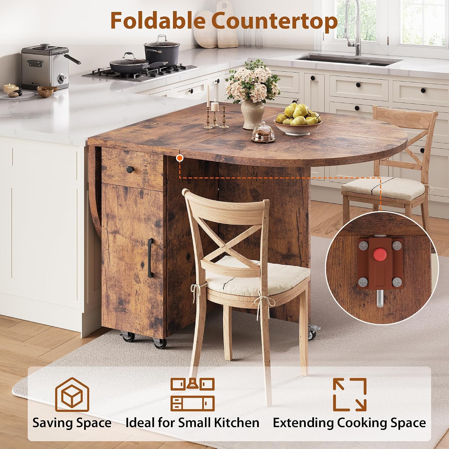 Jocoevol Round Folding Dining Table For 4, Space Saving Drop Leaf Kitchen Table With Storage Drawer, 6 Wheels Oval Gateleg Foldable Dining Table For Small Spaces(Vintage 47 * 23.6 * 30)