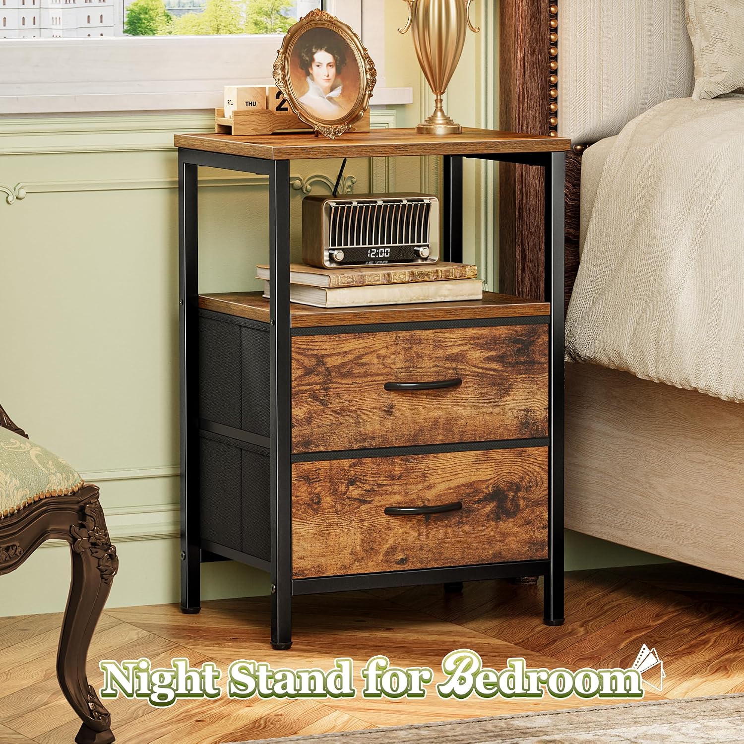 Huuger Night Stand Set 2, Nightstand With 2 Drawers, Bed Side Table With Open Shelf, Wooden Top, End Table, Fabric Drawer, For Bedroom, Rustic Brown