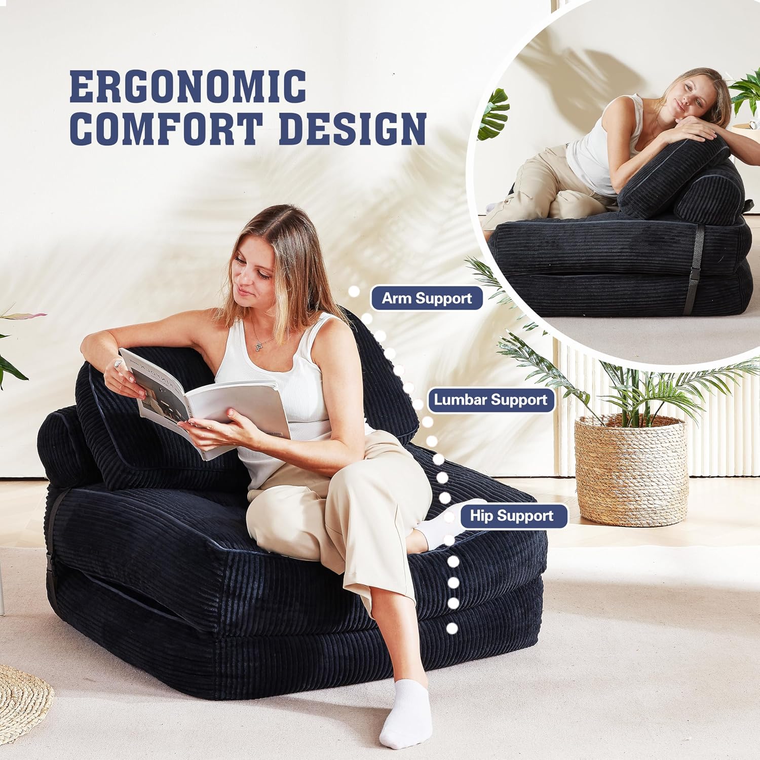 Folding Sofa Bed, Flannel Futon Couch Bed With Pillow And Blanket, Convertible Sleeper Chair For Small Space Apartment Guest Room, Black