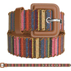 Womens Casual Belts - Multicolor Woven Belt & Brown Vegan Leather Belt