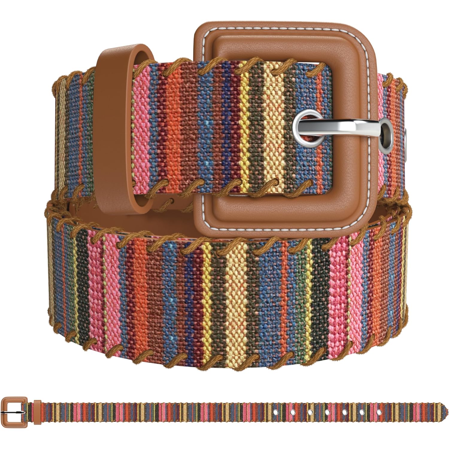 Womens Casual Belts - Multicolor Woven Belt & Brown Vegan Leather Belt