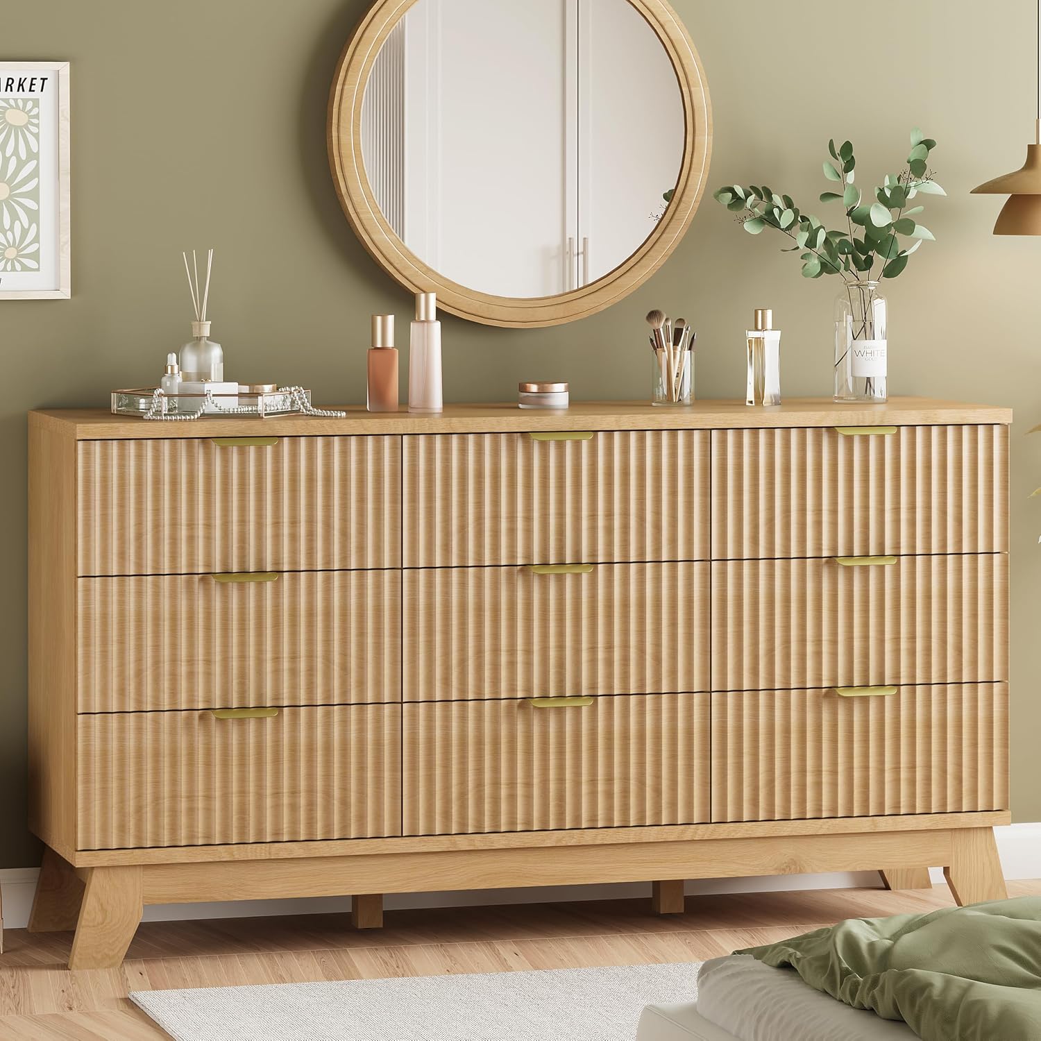Fluted Dresser For Bedroom With 9 Drawers, 57" Wide Modern Chest Of Drawers With Metal Handle, Wooden Dresser Tv Stand, Wood Closet Clothes Storage Organizer For Living Room, Hallway, Natural Oak