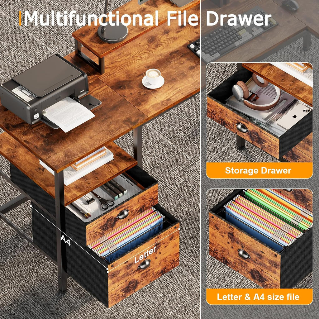 Furologee 66” L Shaped Desk With Power Outlet, Reversible Home Office Desk With File Drawer, 2 Monitor Stands, Storage Shelves, Corner Computer Table For Gaming, Writing, Rustic Brown