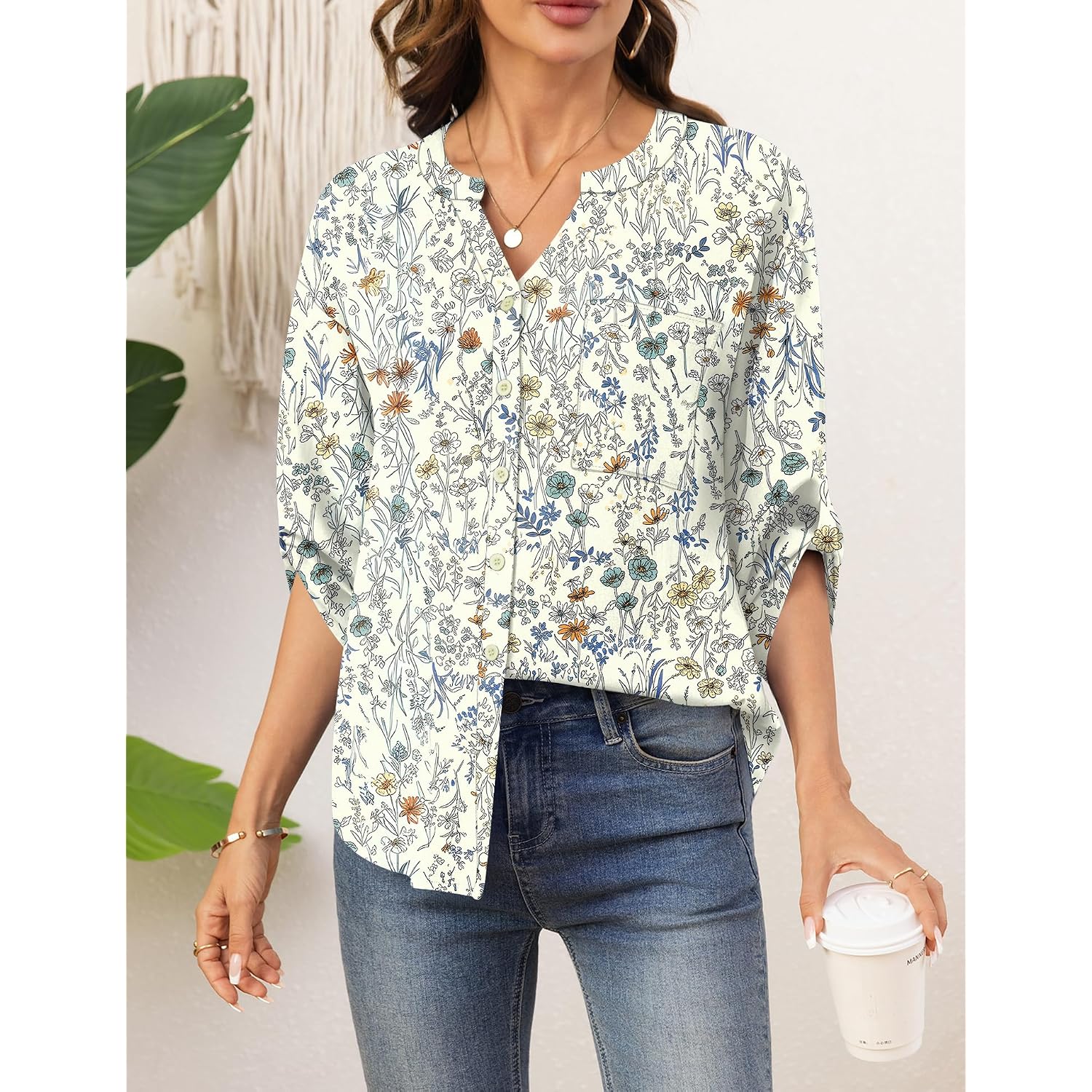 LOMON Women's Button Down Shirts 3/4 Length Sleeve Tops Casual Work Shirt with Pocket S-XXL