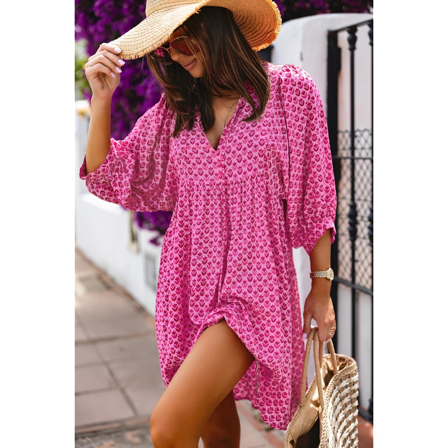 Miduo Womens Casual V Neck Summer Half Sleeve Bohemian Floral Mini Tunic Short Dresses