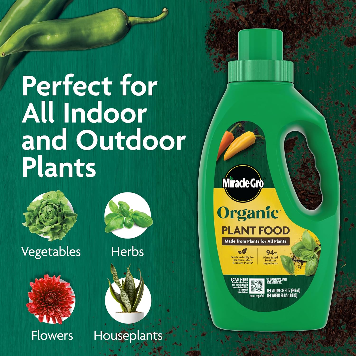 Miracle-Gro Organic Plant Food, 32 Fl. Oz. | Use With Indoor Or Outdoor Plants, Organic Liquid Fertilizer For Containers And In-Ground Gardens, Omri Listed