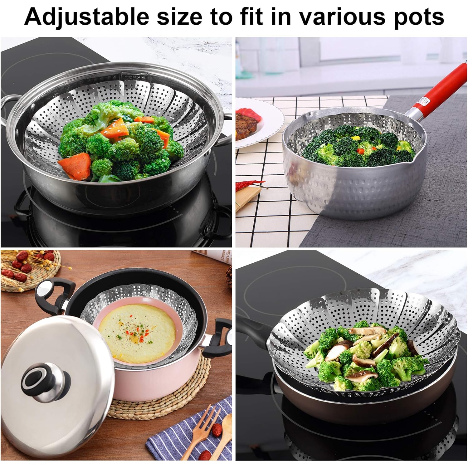 Zocy Steamer Basket, Stainless Steel Vegetable Steam Baskets for Steaming Cooking Expandable to Fit Various Size Pot (5.5" to 9.3")
