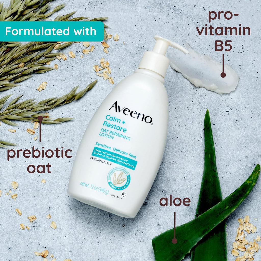 Aveeno Calm + Restore Oat Repairing Body Lotion For Sensitive Skin, Daily Moisturizer With Prebiotic Oat, Aloe & Pro-Vitamin B5, Fragrance Free Body Lotion Helps Heal Dry Skin, 12 Oz
