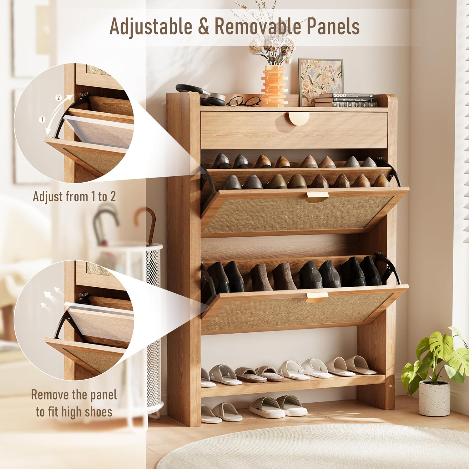 Rattan Shoe Storage Cabinet, Shoe Organizer With 2 Flip Drawers, Narrow Shoe Cabinet, Free Standing Hidden Shoe Storage, Shoe Rack For Entryway/Hallway/Closet, Natural Oak