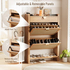 Rattan Shoe Storage Cabinet, Shoe Organizer With 2 Flip Drawers, Narrow Shoe Cabinet, Free Standing Hidden Shoe Storage, Shoe Rack For Entryway/Hallway/Closet, Natural Oak