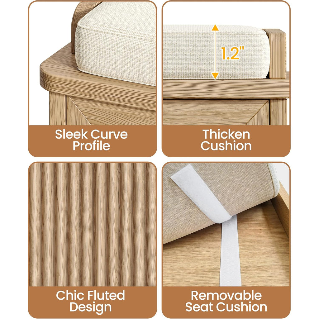 39.4" Fluted Shoe Storage Bench 2 Doors Wooden Entryway Bench Oak | 2 Tier Shoe Bench With Padded Cushion, Adjustable Shelves And 2 Doors, Curved Profile, For Hallway, Living Room, Bedroom
