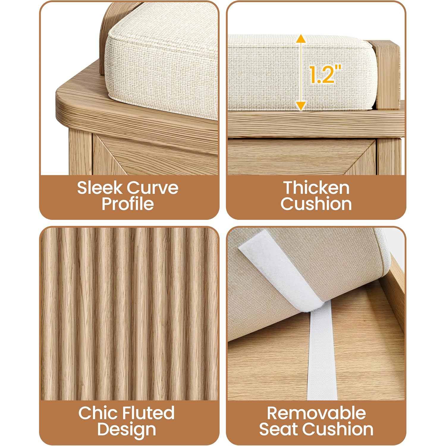 39.4" Fluted Shoe Storage Bench 2 Doors Wooden Entryway Bench Oak | 2 Tier Shoe Bench With Padded Cushion, Adjustable Shelves And 2 Doors, Curved Profile, For Hallway, Living Room, Bedroom