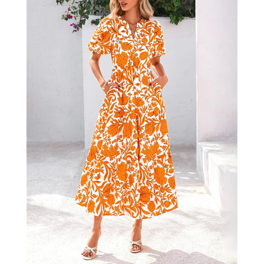 Dowerme Womens Summer Dresses 2026 Casual Puff Short Sleeve V Neck Floral Boho Tiered Ruffle Maxi Dress With Pockets