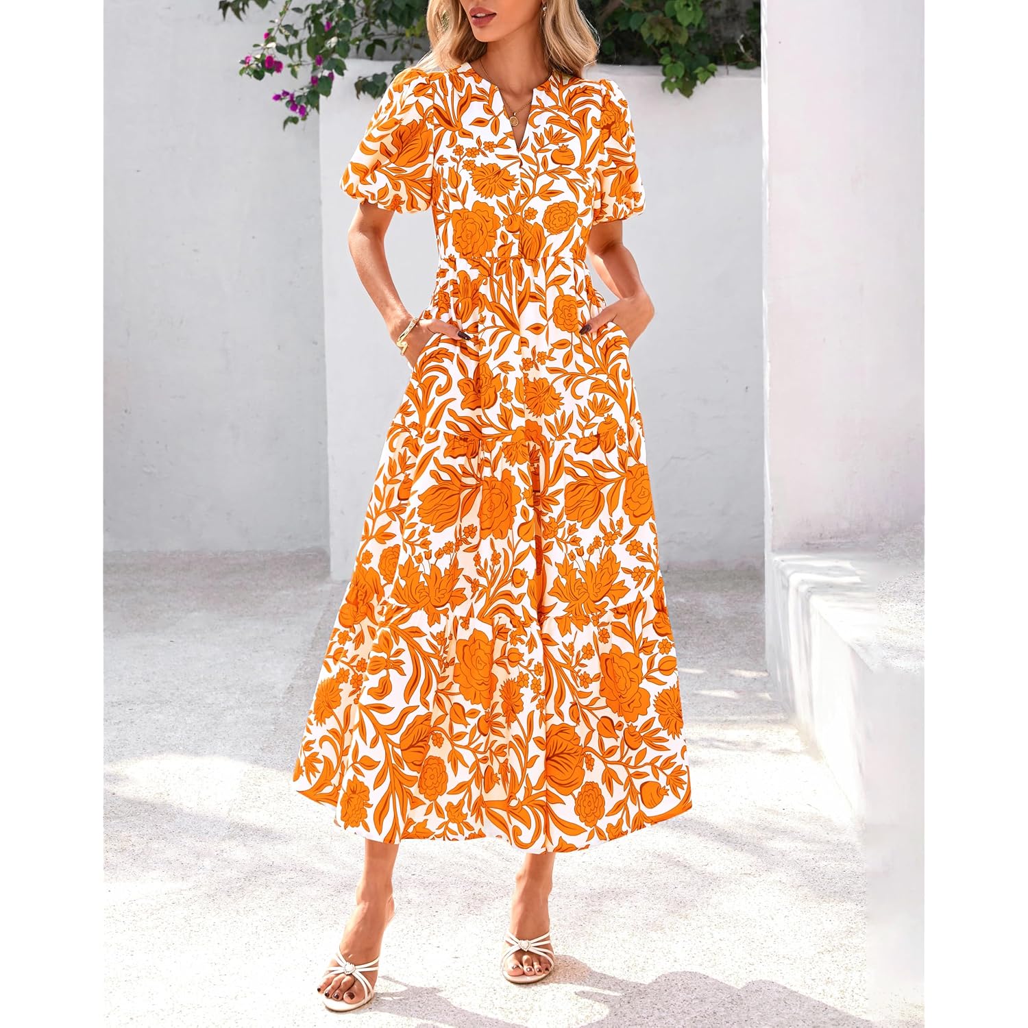 Dowerme Womens Summer Dresses 2026 Casual Puff Short Sleeve V Neck Floral Boho Tiered Ruffle Maxi Dress With Pockets
