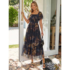 Simplee Womens Floral Maxi Dresses 2026 Summer Square Neck Mesh Short Sleeve Smocked Boho Flowy Wedding Guest Dress