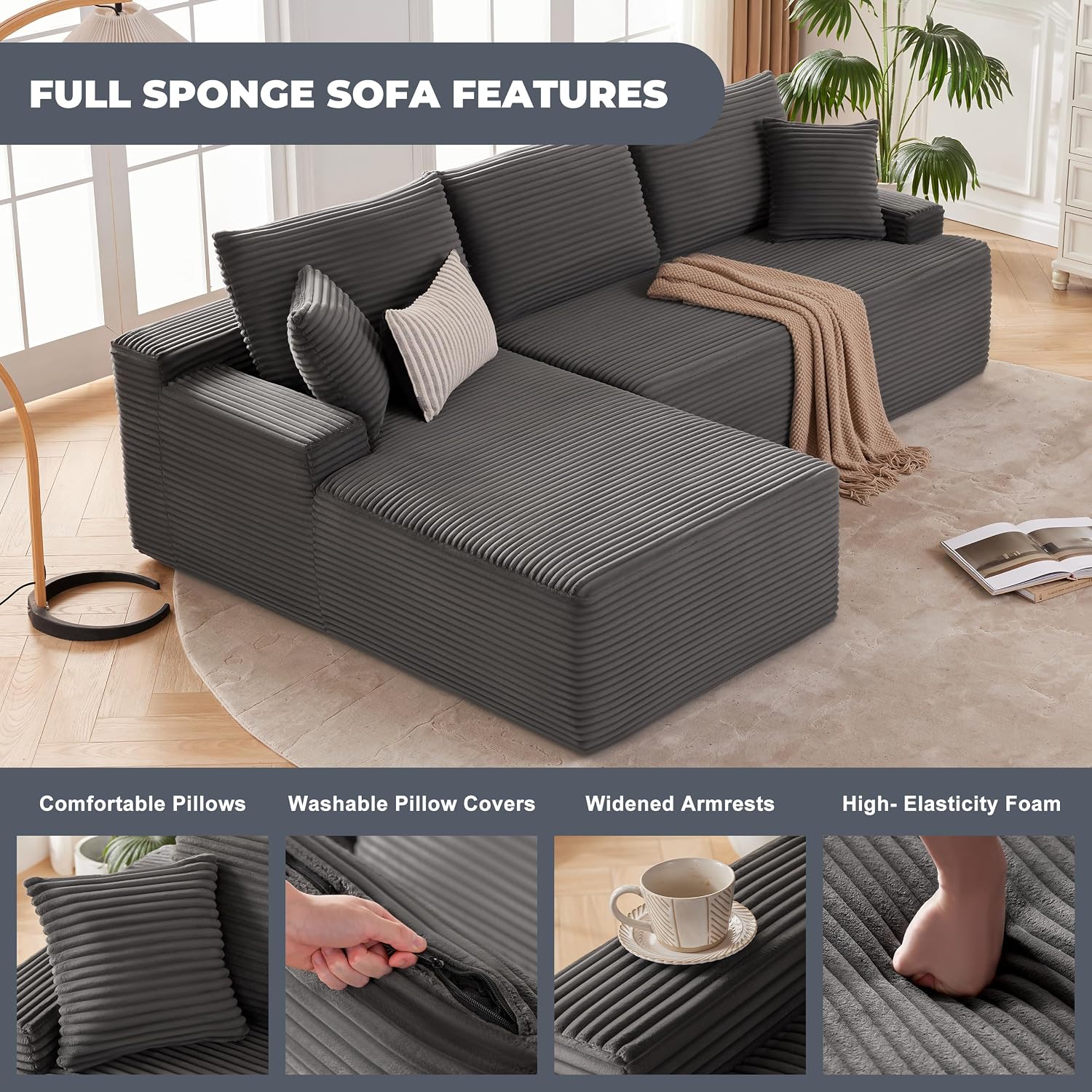 Mangodan Cloud Sectional Couch, Boneless Sofa For Living Room, Fluffy Comfy Couch With Deep Seat, Modular Sectional Sofa With L-Shaped Chaise, No Assembly Required, Dark Grey