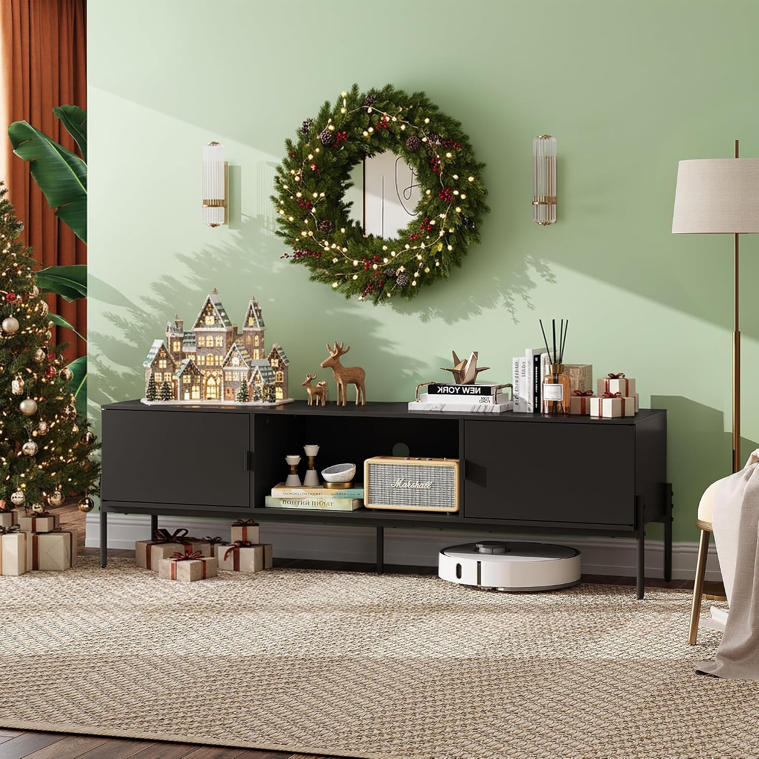 Wlive 58" Tv Stand For 65 Inch Tvs, Mid Century Modern Entertainment Center With 2 Storage Cabinets & Open Shelf, Media Console Table With Metal Legs For Living Room, Bedroom, Black
