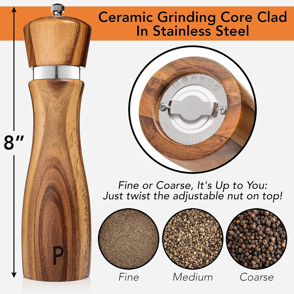 Wooden Salt And Pepper Grinder Set: Refillable Salt & Pepper Mills Adjust For Customized Coarseness, Crafted Of Solid Acacia Wood With Ceramic/Stainless Steel Core, 8 Inches Each
