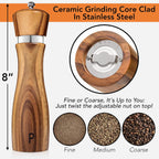 Wooden Salt And Pepper Grinder Set: Refillable Salt & Pepper Mills Adjust For Customized Coarseness, Crafted Of Solid Acacia Wood With Ceramic/Stainless Steel Core, 8 Inches Each