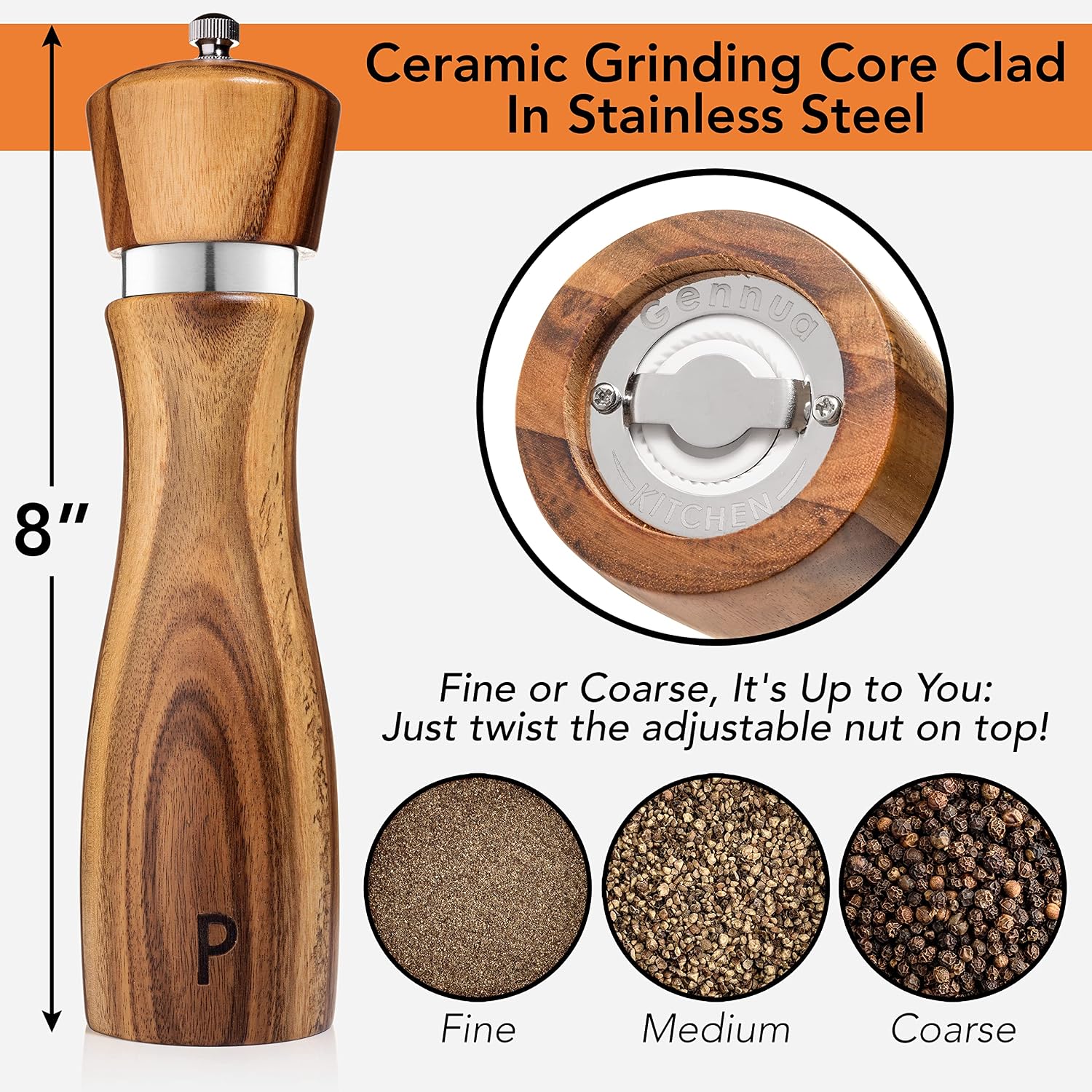 Wooden Salt And Pepper Grinder Set: Refillable Salt & Pepper Mills Adjust For Customized Coarseness, Crafted Of Solid Acacia Wood With Ceramic/Stainless Steel Core, 8 Inches Each