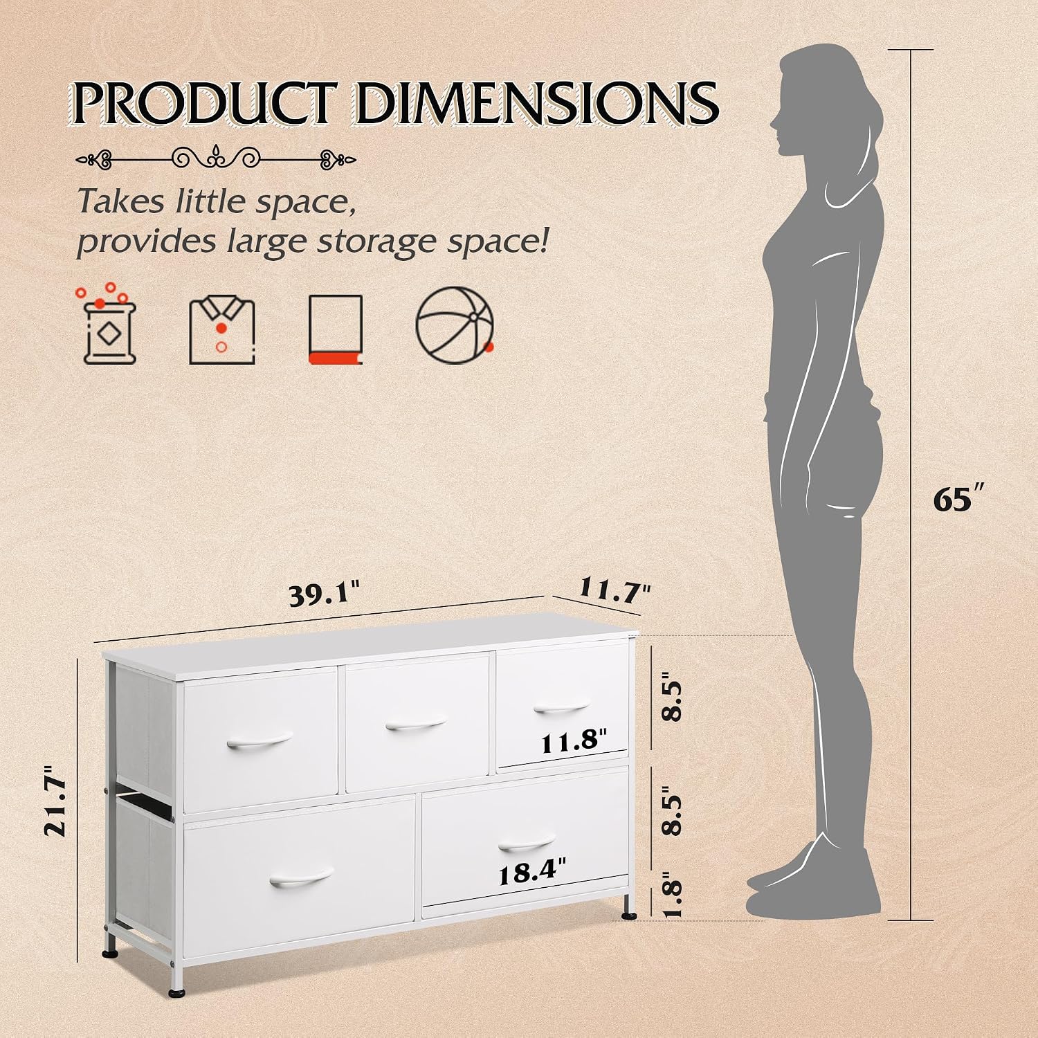 Wlive Dresser For Bedroom With 5 Drawers, Wide Chest Of Drawers, Fabric Dresser, Storage Organization Unit With Fabric Bins For Closet, Living Room, Hallway, White